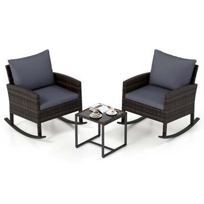 Costway 3 Pieces Wicker Rocking Chairs Set Rattan Outdoor Patio Furniture Set-Grey - image 1