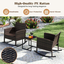Costway 3 Pieces Wicker Rocking Chairs Set Rattan Outdoor Patio Furniture Set-Grey - thumbnail 8