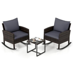 Costway 3 Pieces Wicker Rocking Chairs Set Rattan Outdoor Patio Furniture Set-Grey - thumbnail 1