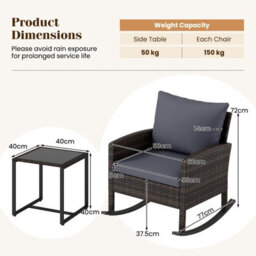 Costway 3 Pieces Wicker Rocking Chairs Set Rattan Outdoor Patio Furniture Set-Grey - thumbnail 2