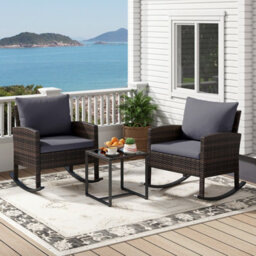 Costway 3 Pieces Wicker Rocking Chairs Set Rattan Outdoor Patio Furniture Set-Grey - thumbnail 5