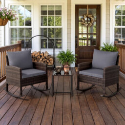 Costway 3 Pieces Wicker Rocking Chairs Set Rattan Outdoor Patio Furniture Set-Grey - thumbnail 3
