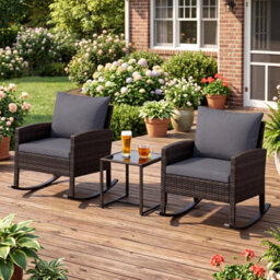 Costway 3 Pieces Wicker Rocking Chairs Set Rattan Outdoor Patio Furniture Set-Grey - thumbnail 4