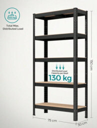Songmics  Shelving Unit, 150 X 75 X 30 Cm, Max. Load 650 Kg (130 Kg Per Tier), Storage Rack, Black And Rustic Brown - thumbnail 8