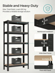 Songmics  Shelving Unit, 150 X 75 X 30 Cm, Max. Load 650 Kg (130 Kg Per Tier), Storage Rack, Black And Rustic Brown - thumbnail 2