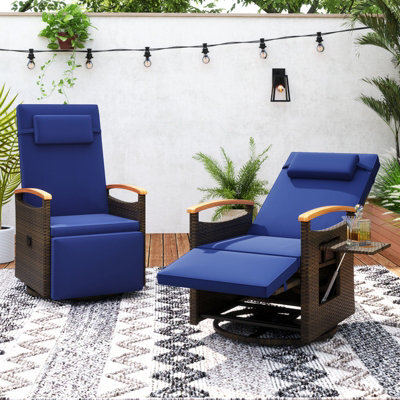 Costway Outdoor Swivel Rattan Recliner Chair Patio Wicker Chaise Lounge Chair W/ Cushions-Navy - image 1
