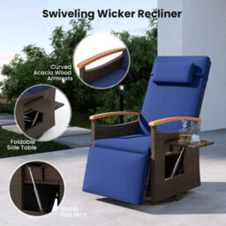 Costway Outdoor Swivel Rattan Recliner Chair Patio Wicker Chaise Lounge Chair W/ Cushions-Navy - thumbnail 9