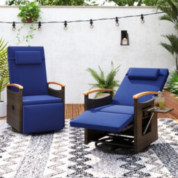 Costway Outdoor Swivel Rattan Recliner Chair Patio Wicker Chaise Lounge Chair W/ Cushions-Navy