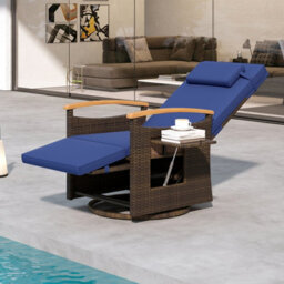 Costway Outdoor Swivel Rattan Recliner Chair Patio Wicker Chaise Lounge Chair W/ Cushions-Navy - thumbnail 4