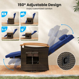 Costway Outdoor Swivel Rattan Recliner Chair Patio Wicker Chaise Lounge Chair W/ Cushions-Navy - thumbnail 5