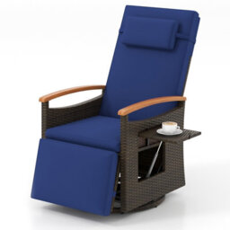 Costway Outdoor Swivel Rattan Recliner Chair Patio Wicker Chaise Lounge Chair W/ Cushions-Navy - thumbnail 2