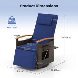 Costway Outdoor Swivel Rattan Recliner Chair Patio Wicker Chaise Lounge Chair W/ Cushions-Navy - thumbnail 3