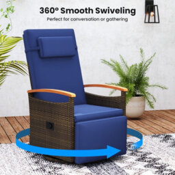 Costway Outdoor Swivel Rattan Recliner Chair Patio Wicker Chaise Lounge Chair W/ Cushions-Navy - thumbnail 6