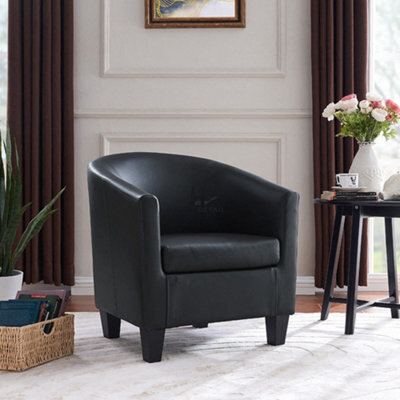 Home Detail Canberra Accent Bucket Tub Chair Occasional Armchair Wood Effect Legs Black Pu Leather Foam Padded Backrest Seat - image 1