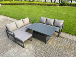 Fimous 4 Pieces Garden Furniture Set Aluminium Adjustable Rising Lifting Dining Table And Sofa Set With Big Footstool Dark Grey - thumbnail 1