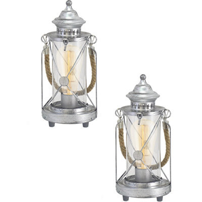 Elegant 2 Pack Antique Silver Table Lamps With Glass Lantern Shades - image 1