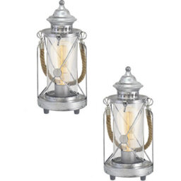 Elegant 2 Pack Antique Silver Table Lamps With Glass Lantern Shades - thumbnail 1