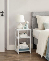 End Table With 3 Levels, Steel-Framed Bedside Table For Room, And Office, Industrial, Classic White And Classic Black