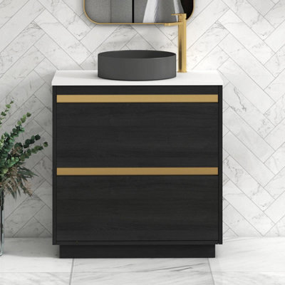 Royal Bathrooms Orion 800mm Hale Black Floor Standing Plain White Countertop Vanity Unit 2 Drawer With Art Round Basin & Brushed Brass Accent Trim - image 1