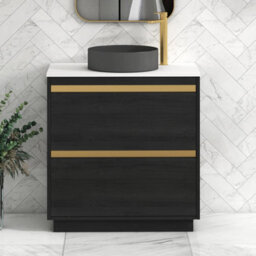 Royal Bathrooms Orion 800mm Hale Black Floor Standing Plain White Countertop Vanity Unit 2 Drawer With Art Round Basin & Brushed Brass Accent Trim