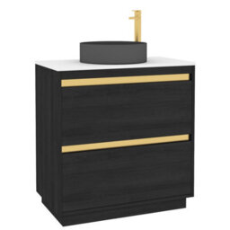 Royal Bathrooms Orion 800mm Hale Black Floor Standing Plain White Countertop Vanity Unit 2 Drawer With Art Round Basin & Brushed Brass Accent Trim - thumbnail 6