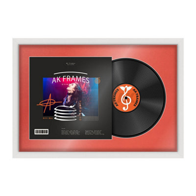 "AK Frames 25X17"" White Modern Vinyl Record Frame With Poppy Red Mount For 12 Inch Lp Cover & Disc - Overlapped Design" - image 1
