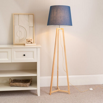 Valuelights Lottie Natural Wood Tripod Floor Lamp With Navy Blue Tapered Shade - Led Bulb Included - image 1