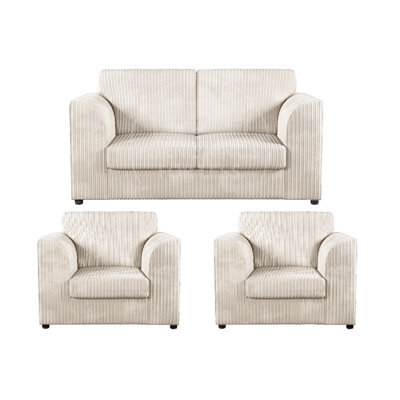 Furnishings For Less UK Luxor Jumbo Cord 2 + 1 + 1 Fabric 3 Piece Sofa Suite - Fullback Cream