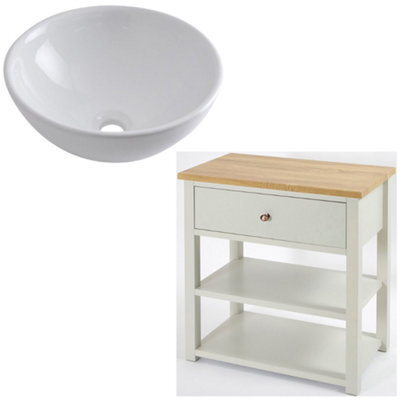 Homestylestore 840mm Antique White And Oak Bathroom Vanity Unit With Round Countertop Basin And Copper Round Handle - image 1