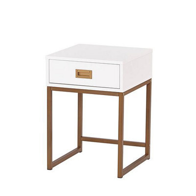 MMT Funiture Designs Modern End Table With Storage Drawer, White And Gold Metal Frame, Living Room