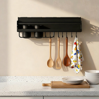 Living And Home Black Wall-Mounted Storage Rack Kitchen Organiser, 49.2 X 13.5 X 14.5Cm - image 1