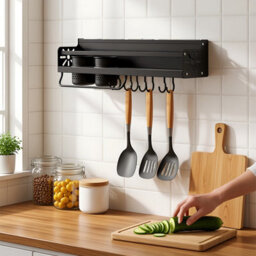 Living And Home Black Wall-Mounted Storage Rack Kitchen Organiser, 49.2 X 13.5 X 14.5Cm - thumbnail 2