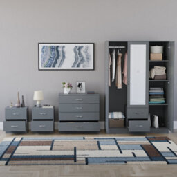 Lassic Vida Designs Riano 4 Piece Bedroom Set (2 Drawer Bedside Chest, 4 Drawer Chest, 3 Door 2 Drawer Mirrored Wardrobe), Grey - thumbnail 2