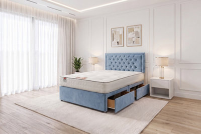 "Knight Sleep Ellis Sky Blue Plush Bed Set With Mattress, 2 Drawers Same Side & 24""headboard 4Ft6 - Double" - image 1