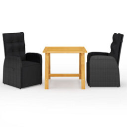 Berkfield 3 Piece Garden Dining Set With Cushions Black Poly Rattan - thumbnail 1