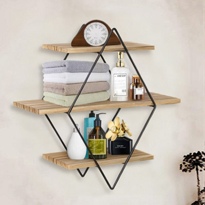 Fativo 50Cmh Vintage 3 Tier Diamond Wooden Floating Shelf With Metal Frame Art Decor - image 1