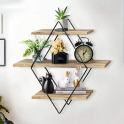 Fativo 50Cmh Vintage 3 Tier Diamond Wooden Floating Shelf With Metal Frame Art Decor - thumbnail 7