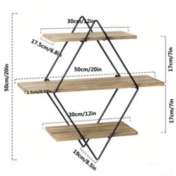 Fativo 50Cmh Vintage 3 Tier Diamond Wooden Floating Shelf With Metal Frame Art Decor - thumbnail 2