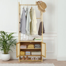 Fativo  Extra Tall Garment Rack Bamboo Heavy Duty Coat Stand Wardrobe W/storage Shelves 168Cm H - thumbnail 1