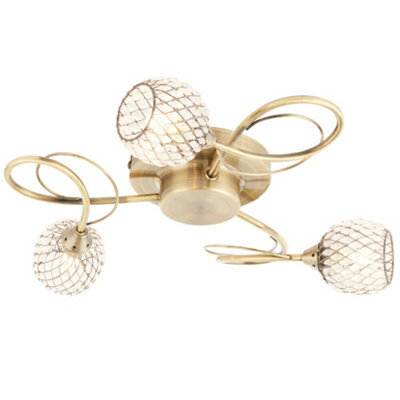 Semi Flush Ceiling Light Brass Glass Beads 3 Bulb Hanging Pendant Lamp Shade - image 1