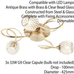 Semi Flush Ceiling Light Brass Glass Beads 3 Bulb Hanging Pendant Lamp Shade - thumbnail 2