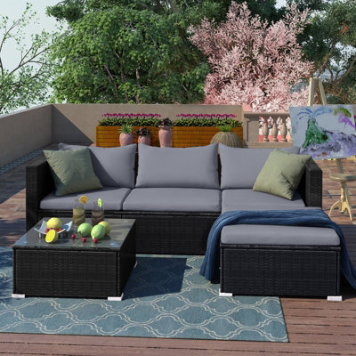 MCC Direct Rattan Furniture Corner Sofa L Shaped Seating And Table Patio Garden Set Rupert Black
