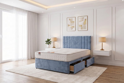 "Knight Sleep Sky Sky Blue Plush Bed Set With Mattress, 2 Drawers Same Side & 24""headboard, 3Ft - Single" - image 1