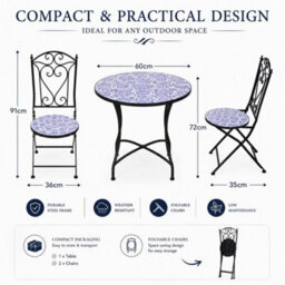 Shatchi Mosaic Bistro Set Three Piece Folding Outdoor Table And Chairs For Balcony Patio And Small Garden Dining - thumbnail 5