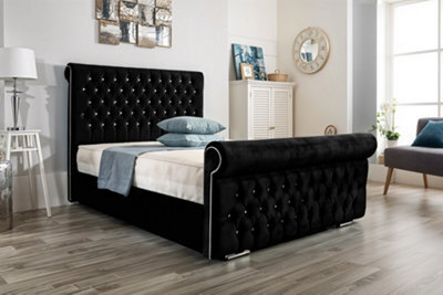 UKBEDFURNITURE Faye Black Plush Valvet Upholstered Bed Frame - Slatted Base With 10 Inch Orthopedic Mattress - 48 Inch Headboard - image 1