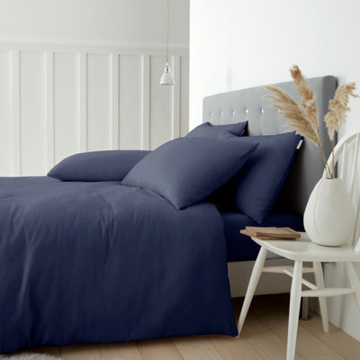 Catherine Lansfield Brushed Cotton Plain Navy Blue Duvet Cover Set Double Bedding Set - image 1