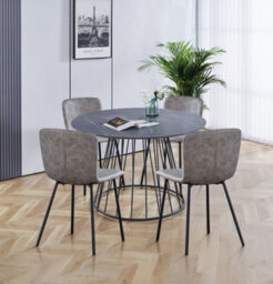 Hallowood Furniture Cullompton Large 120Cm Round Table With 4 Taupe Leather Effect Chairs