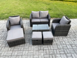 Fimous Wicker Pe Rattan Outdoor Furniture Set Garden Love Sofa Coffee Table 2 Armchair 3 Footstools Dark Grey Mixed - thumbnail 1