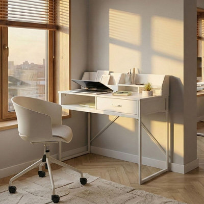 Beliani Office Desk 110X50Cm White Mdf With Metal Legs, Drawer And Shelf - image 1