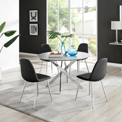 Furniturebox Uk Novara Grey Concrete Effect 120Cm Round Dining Table & 4 Black Corona Silver Chairs - image 1